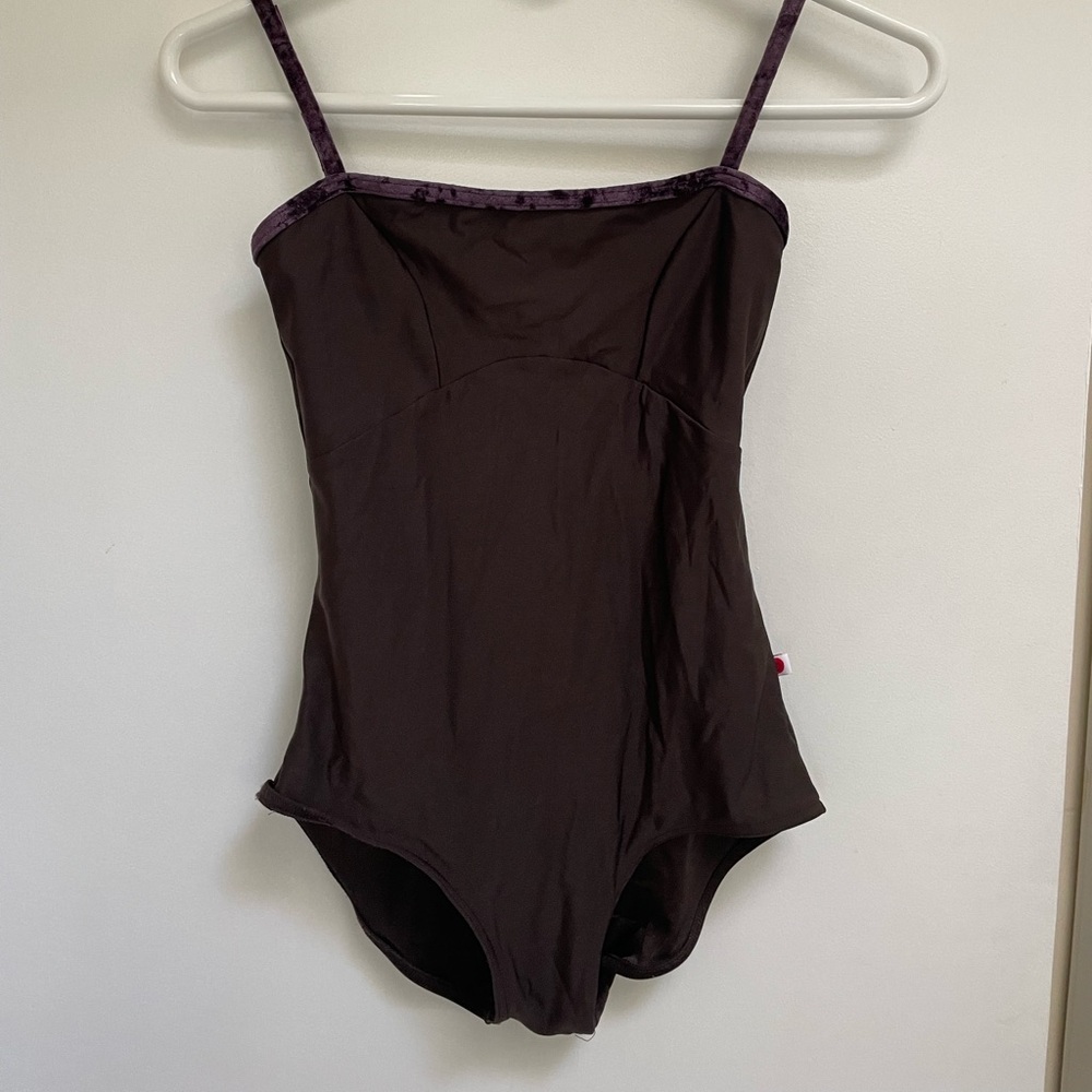 Custom Yumiko. Denise in nylon espresso with a velvet eggplant trim.